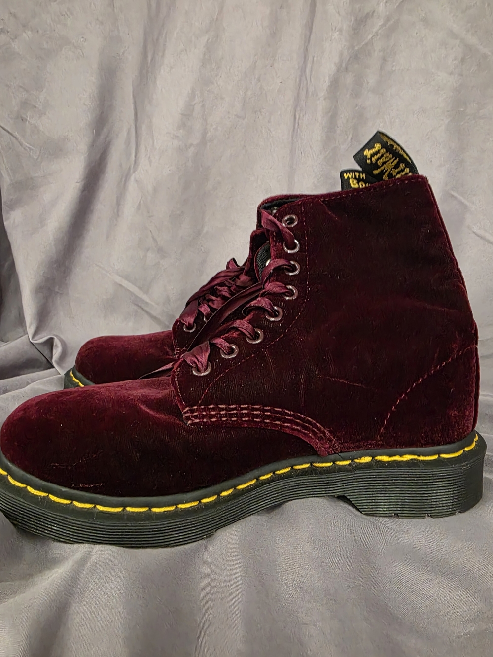 Dr. Martens Burgundy Velvet Lace-Up Combat Boots with Yellow Stitching